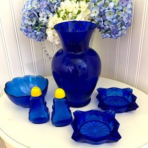 Cobalt Blue Grouping of Vase, Vintage Salt & Pepper, Bowl, 2 Vintage Ashtrays